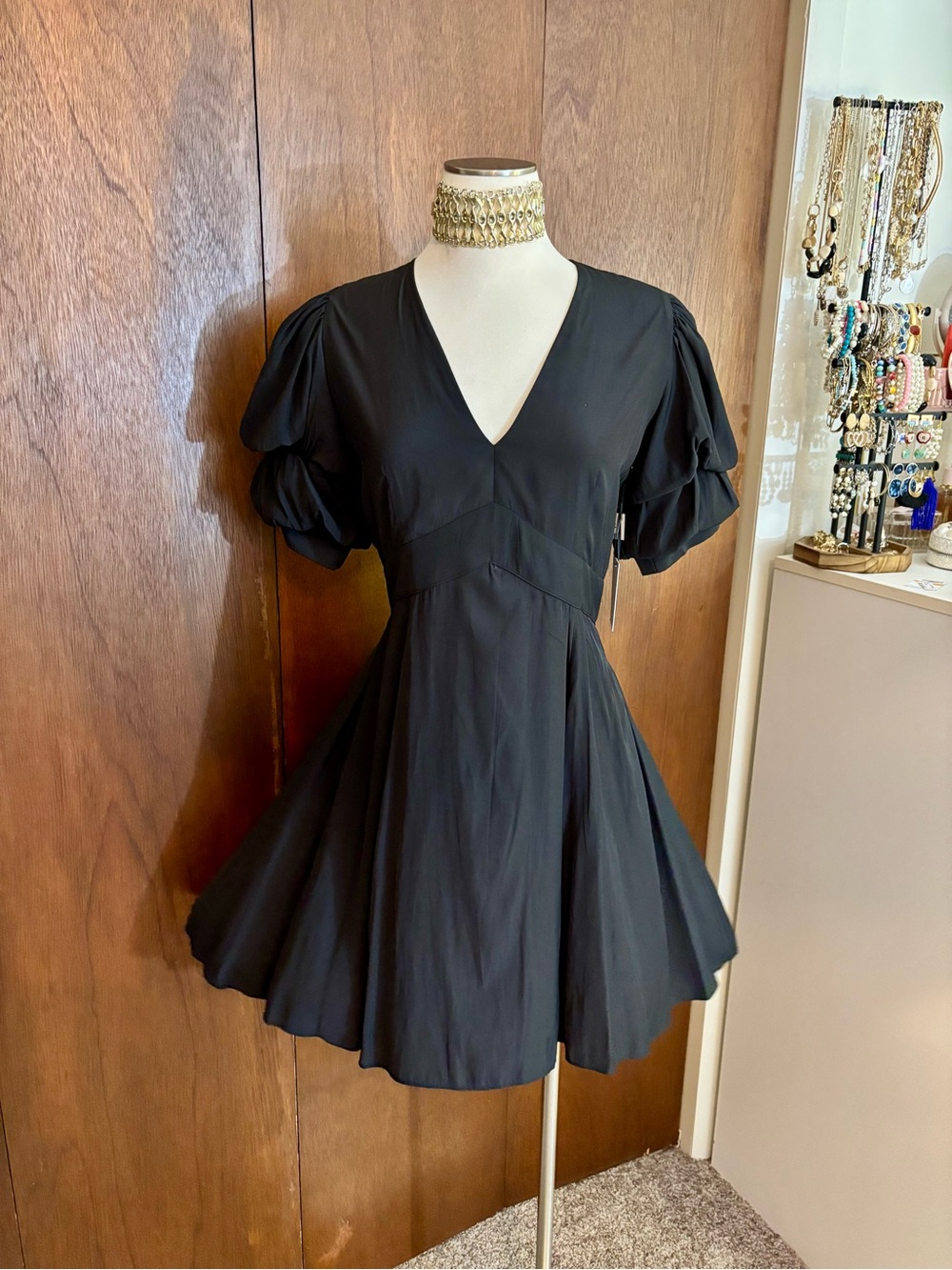 1. STATE NWT Black V-Neck Puff Sleeve High-Low Dress / Fit & Flare Dress | Small